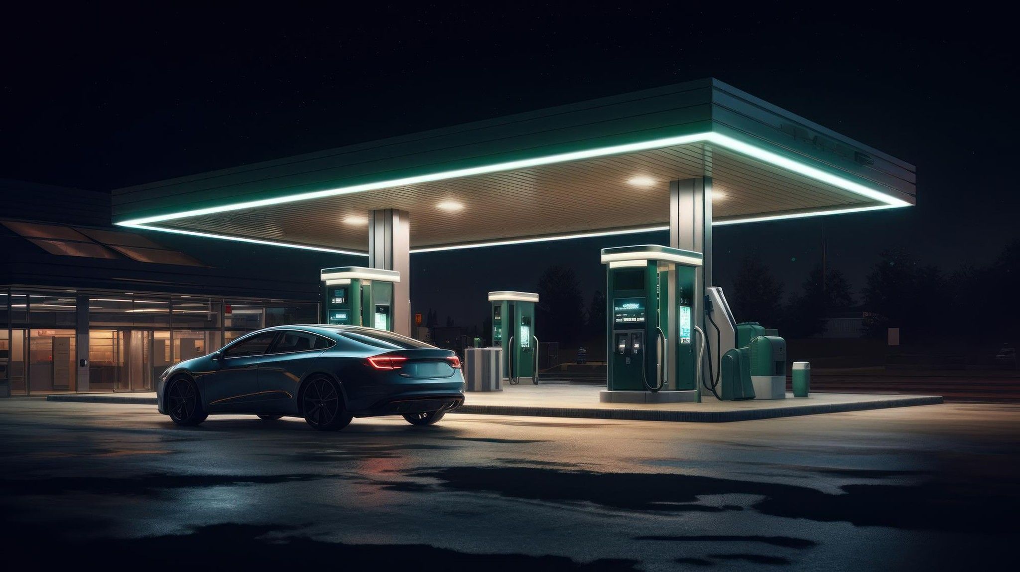 Gasolinera moderna de noche